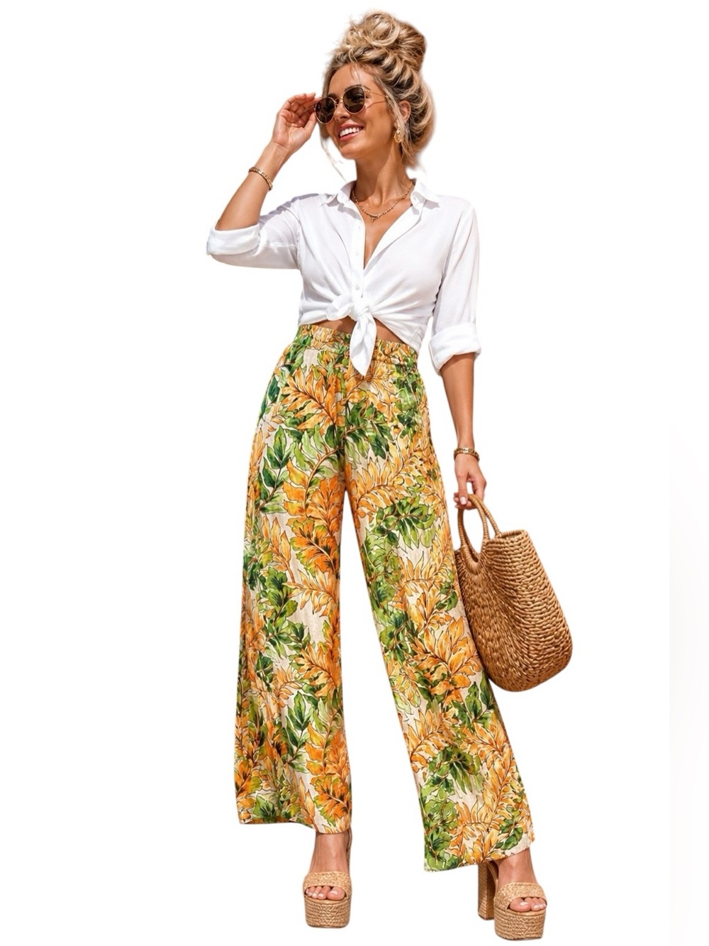 TAHARI 100% Linen Pull On Floral Wide Leg Resort Pants Size XL Beach